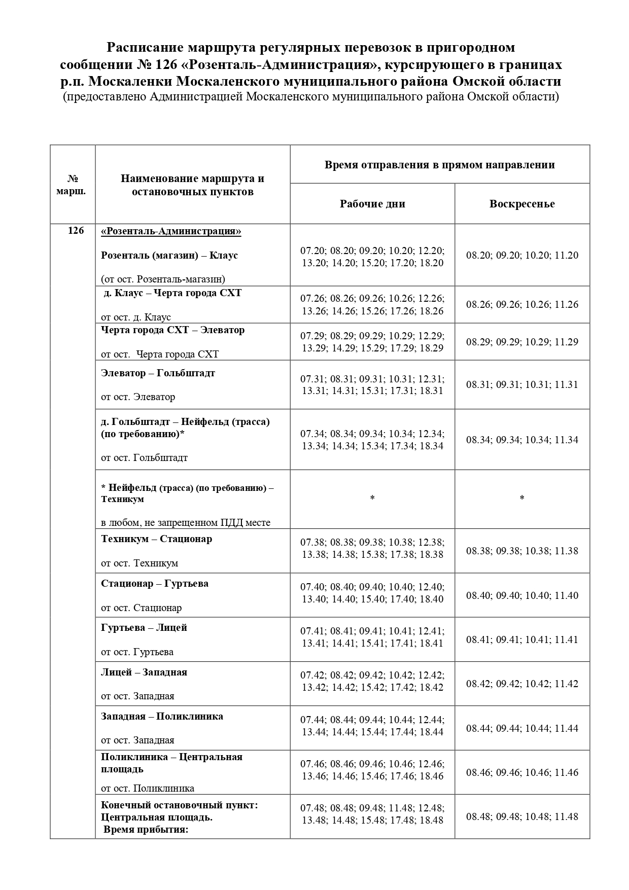 Расписание маршрута регулярных перевозок в пригородном  сообщении № 126 «Розенталь-Администрация», курсирующего в границах  р.п. Москаленки.